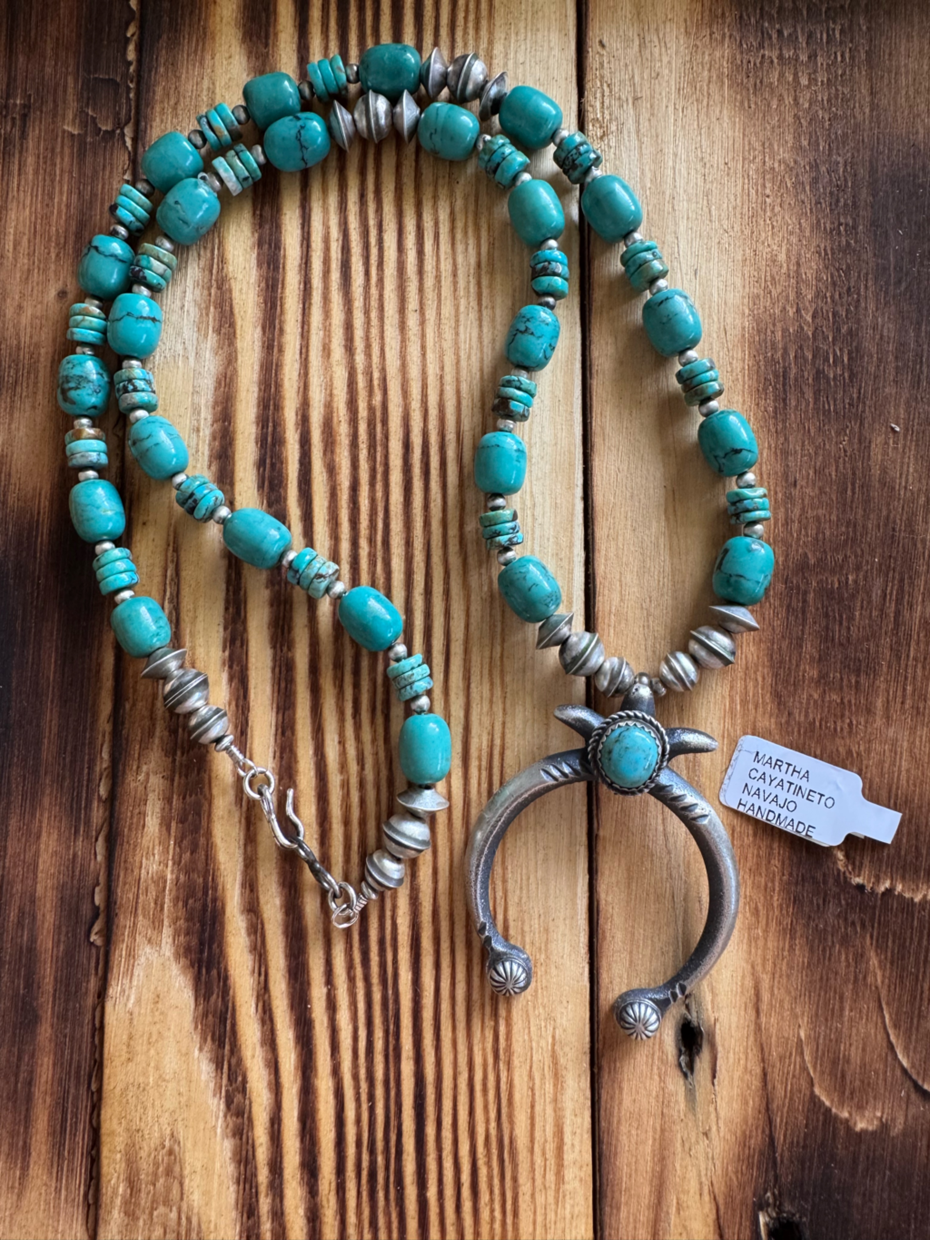 Turquoise Bead Necklace Featuring Sterling Silver Bench Made Navajo Pearls